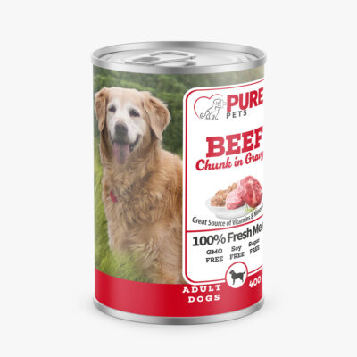 PUREPETS BEEF CHUNKS IN GRAVY FOR ADULT DOGS 400 G- კონსერვი საქონლის ხორცით ძაღლებისთვის 400გრ