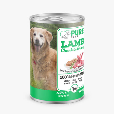 PUREPETS LAMB CHUNKS IN GRAVY FOR ADULT DOGS 400 G – კონსერვი ბატკნის ხორცით ძაღლებისთვის 400გრ
